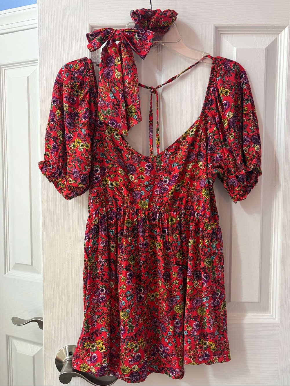 Red Floral Puff Sleeve Blouse MATCHING BOW AND SCRUNCHIE